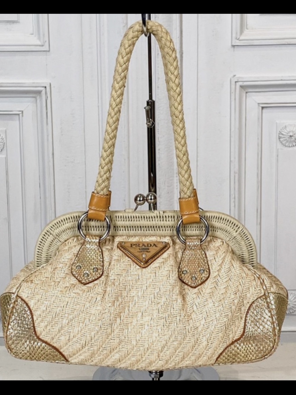Prada Juta Laminata And Snakeskin Beige Raffia Shoulder Bag w/Tan Leather Trim